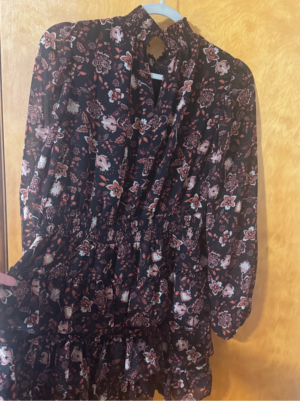 Express Black Floral Smocked Waist Long Sleeve Tunic